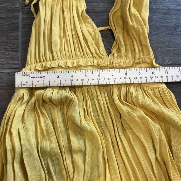 R.Vivimos Small Mustard Boho Halter  Backless Lace Polkadot Dip Hem Mini Dress - Picture 5 of 9